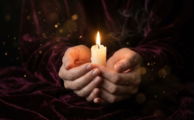 Manos con vela encendida en ritual de orientación amorosa