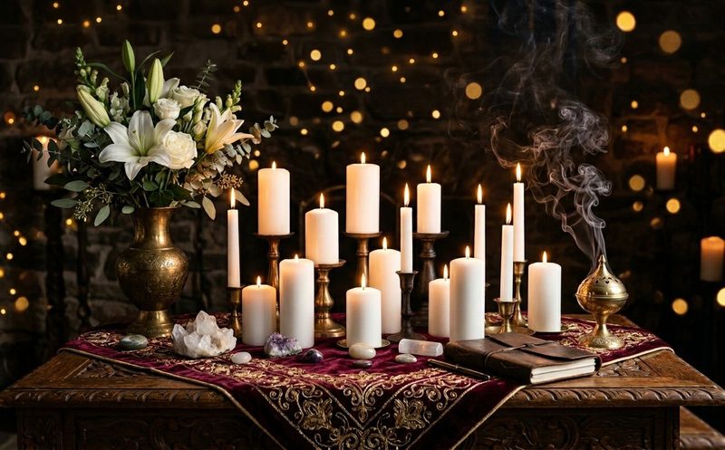 Altar de armonización del hogar con velas y flores blancas